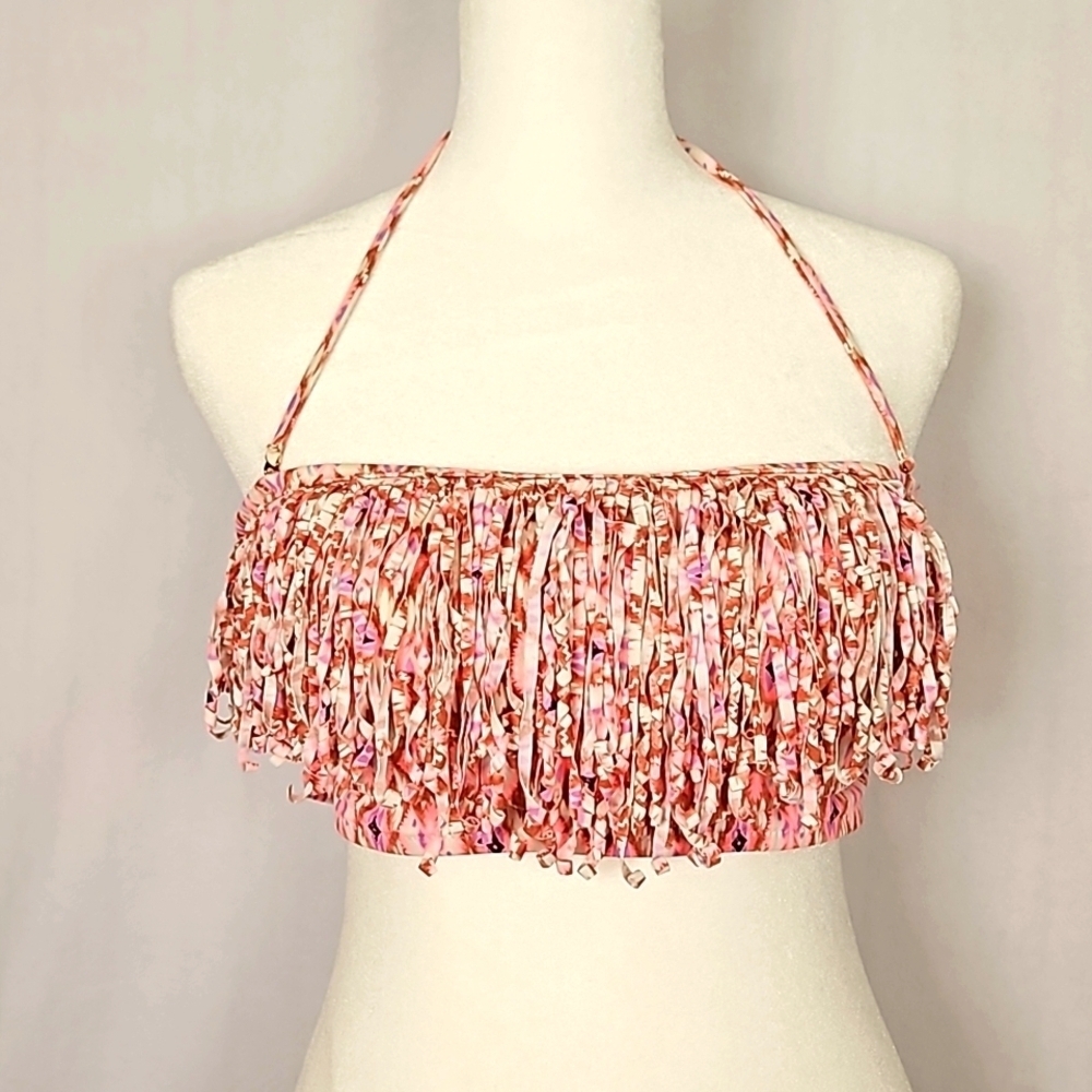 Victoria's Secret Women's Coral Ikat Fringed Bandeau Bikini Top Size L